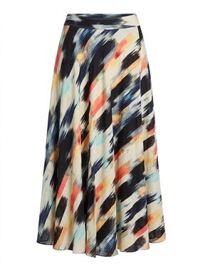 DKNY Abstract Ikat Brushstroke 100% Linen Midi Skirt Belted Multicolor Boho 12